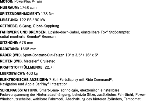 Motor: PowerPlus V-Twin Hubraum: 1768 ccm SPITZENDREHMOMENT: 178 Nm LEISTUNG: 122 PS   90 kW Getriebe: 6-Gang, Ölbad-   